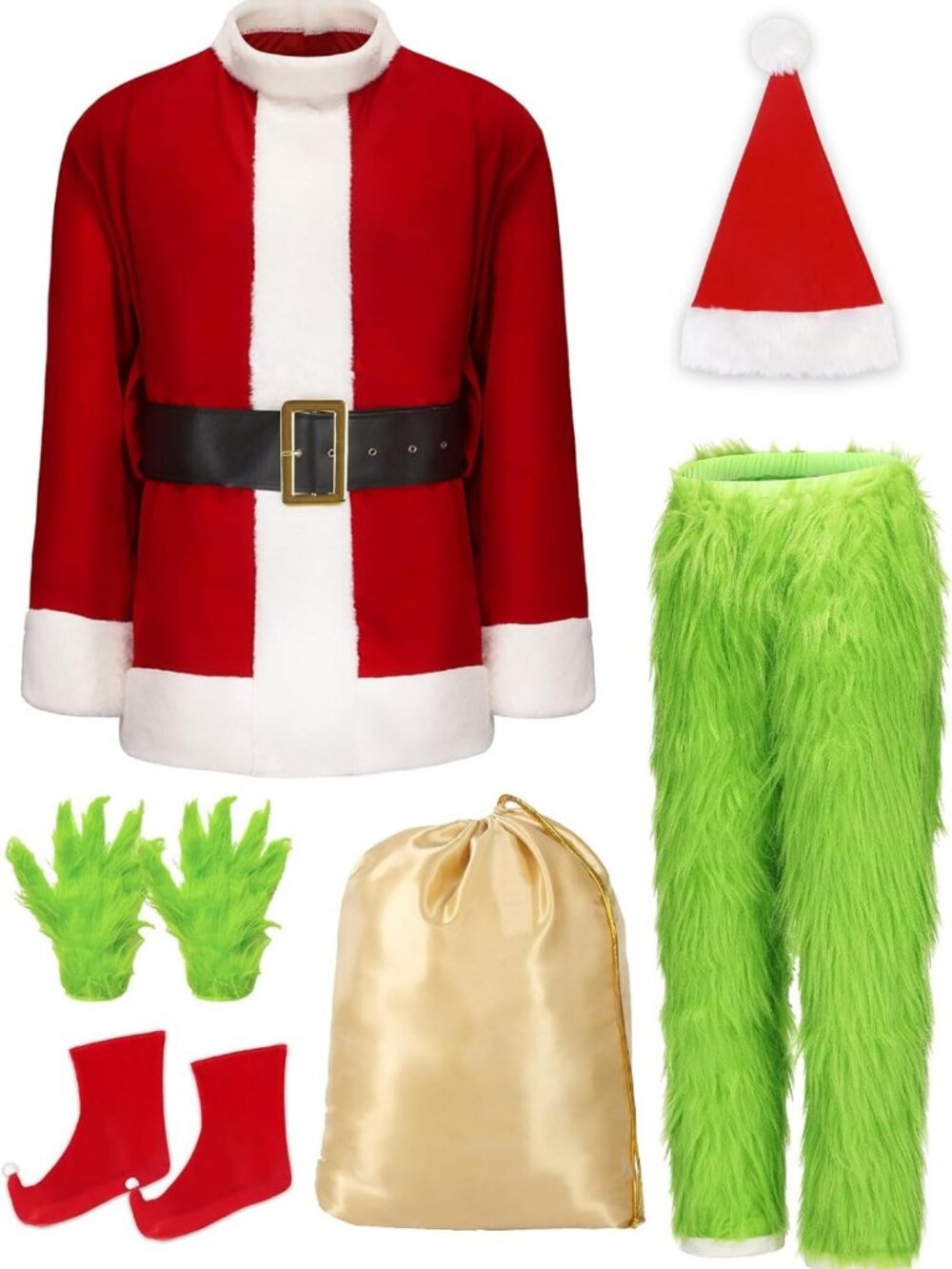 Festive Green Furry Monster Santa Suit for Men - 7 PCS Christmas Costume Set